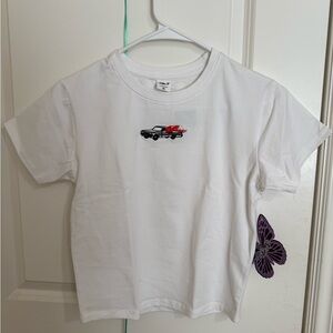 Vibe White Tee with Red Flame Car Graphic